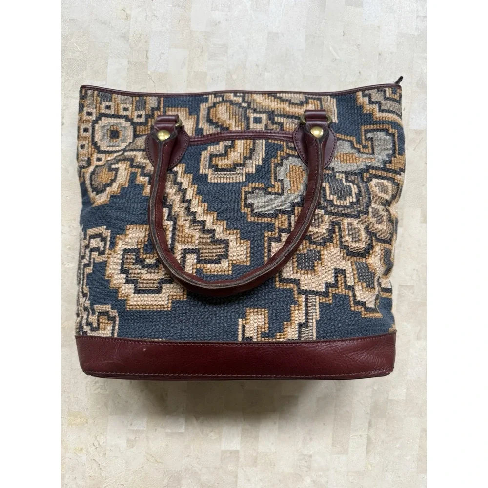 Patricia Nash Peruvian Tapestry Sungaro Tote Blue Tan Leather Brass Boho Tribal - Picture 8 of 16